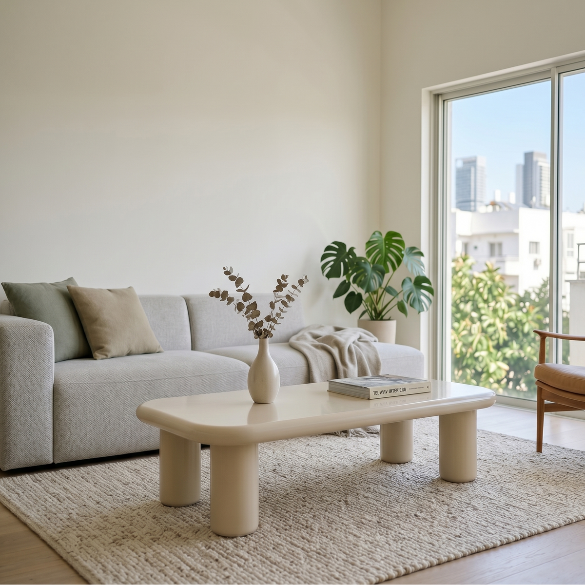 שולחן הסלון BALCONY בהצבה בסלון מעוצב עם מרפסת ונוף עירוני ברקע